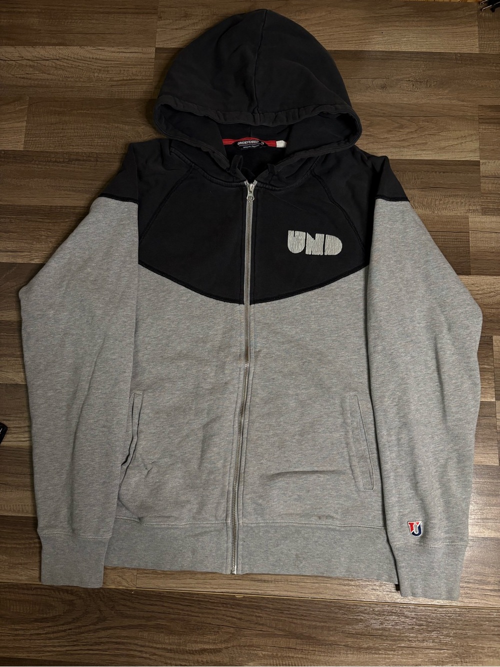 Undefeated Men's Full Zip Hooded Colorblock Logo Hoodie Pockets Gray/Black M